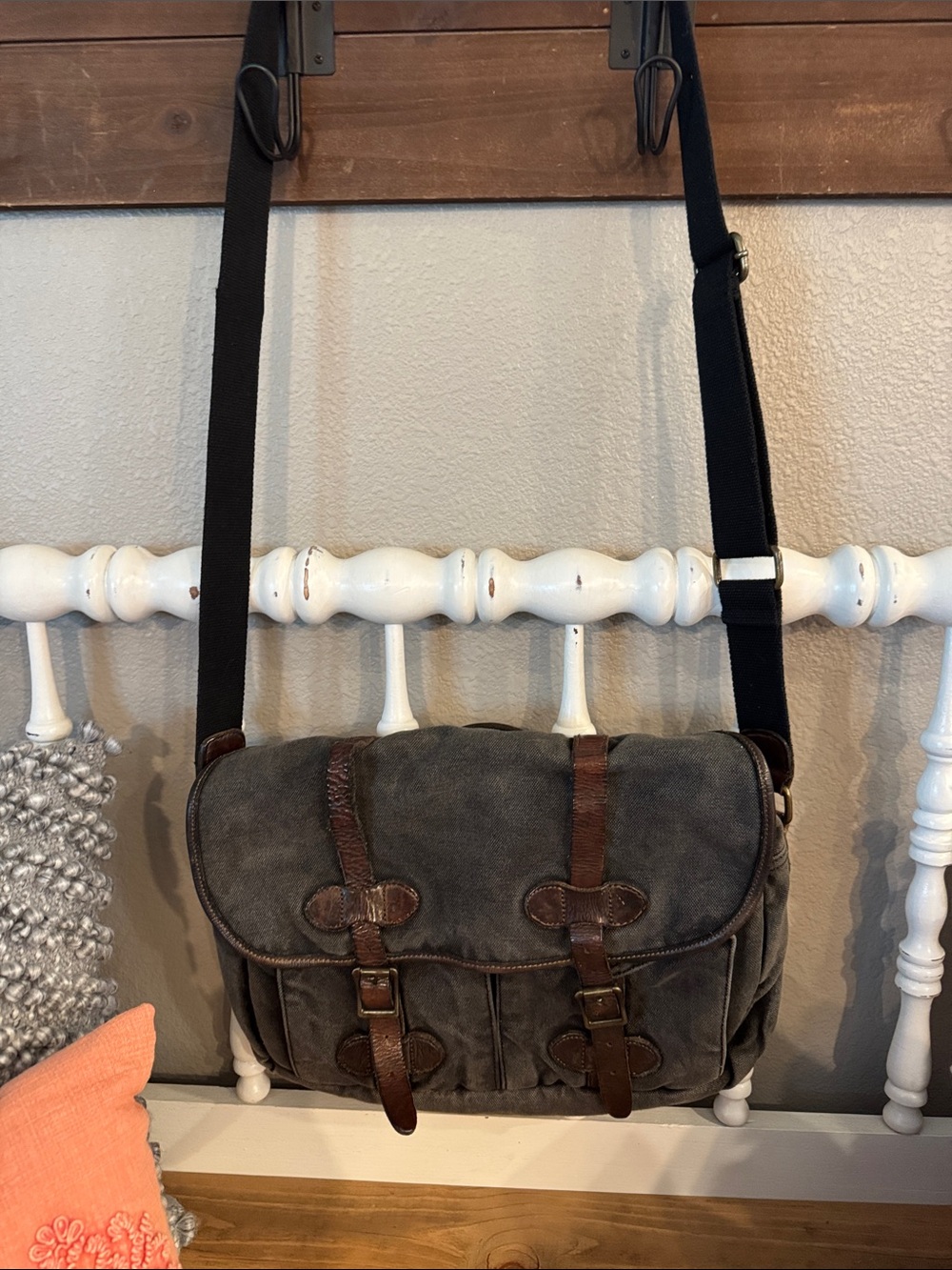 Gray Canvas Crossbody Messenger Bag with Brown Leather Trim